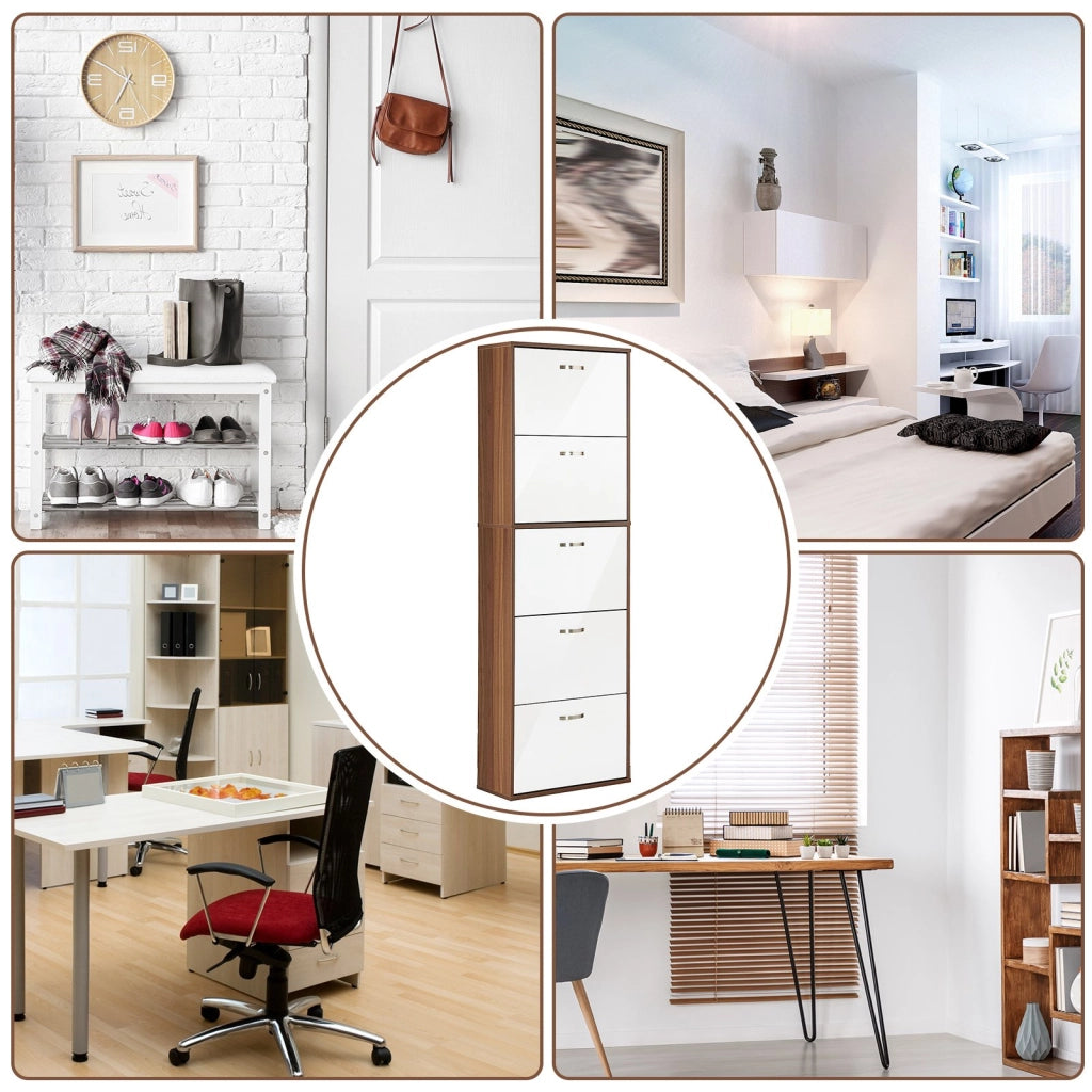 Easycomfort Scarpiera Slim a 5 Livelli con 2 Ripiani per Livello, in MDF, 60x28x189 cm, Bianco e Marrone