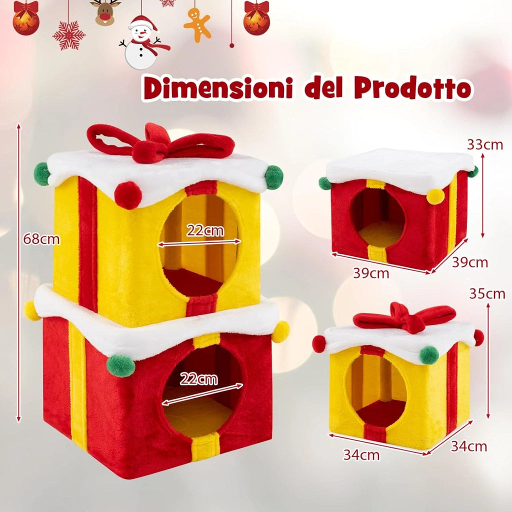Set 2 Cuccia Cane Interno a 2 Piani, Tiragraffi per Gatto a Forma di Scatola di Natale in Tessuto e MDF, Lettino Gatto Interno per Inverno, Rosso e Giallo