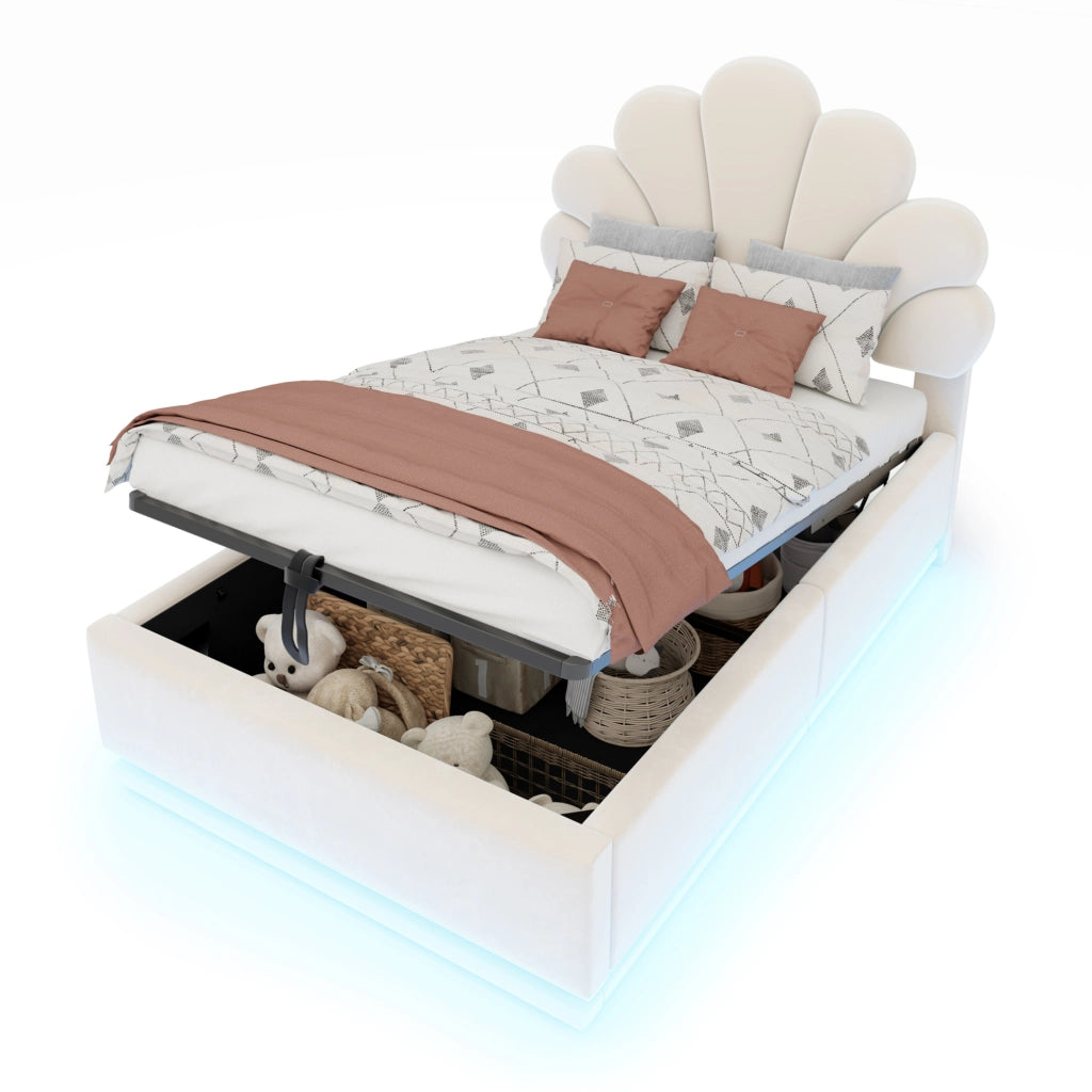 Letto imbottito beige 90 x 200 cm con contenitore idraulico e luci LED