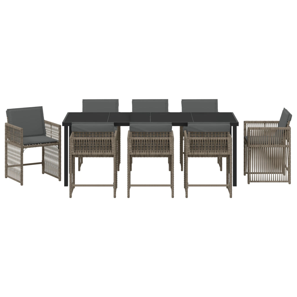 Set da Pranzo per Giardino da 9 Pezzi con Cuscini Grigio Polyrattan