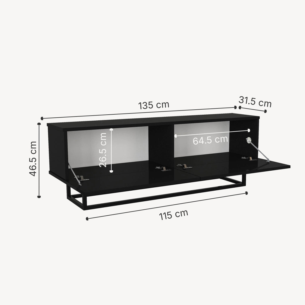 Mobile Porta TV Nolven a 2 Ante Ribalta e Telaio in Metallo 135x32x47 cm - Nero [en.casa]