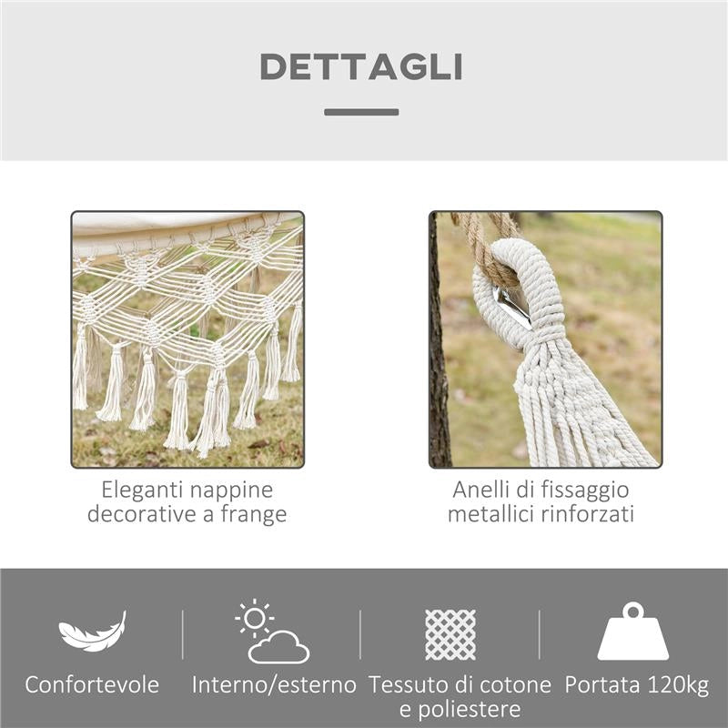AMACA DA GIARDINO SOSPESA IN TELA CON FRANGE STILE BOHO 288X150 CM CAPACITÀ 120 KG CREMA