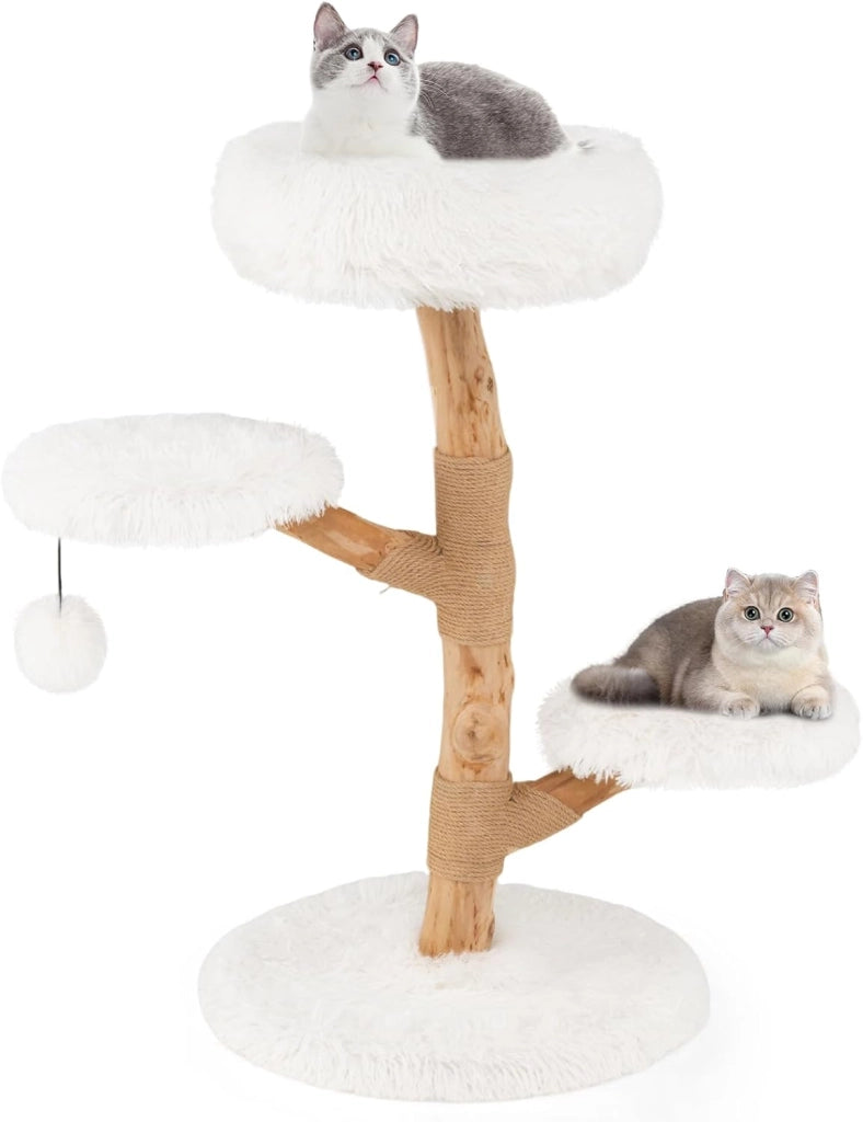 Albero per Gatti 90 cm, Torre per Gatti in Legno con Piattaforma in Tessuto in Pile Lungo, Tiragraffi in Juta e Pallina Pendente, Cuccia per Animali Domestici (Bianco)