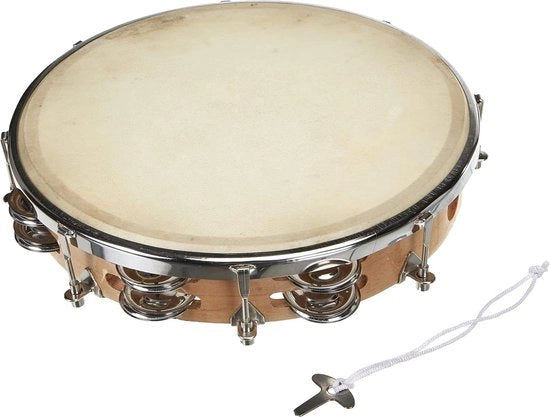 Tamboerijn in legno con pelle naturale - Ø 25 cm + 18 bacini - Suono garantito - Adatto da 3 anni - Marchio di qualità - Educativo