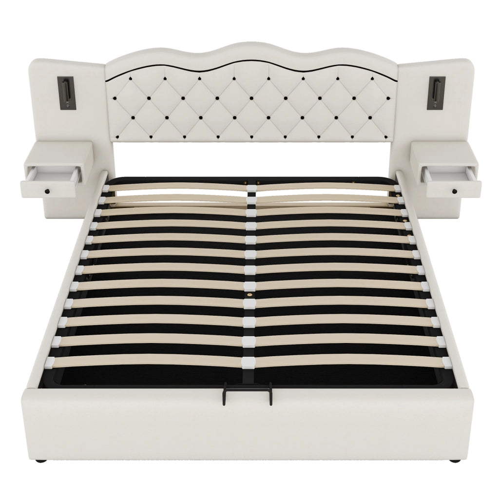 Letto matrimoniale 180x200 cm imbottito con contenitore; USB e luci; beige