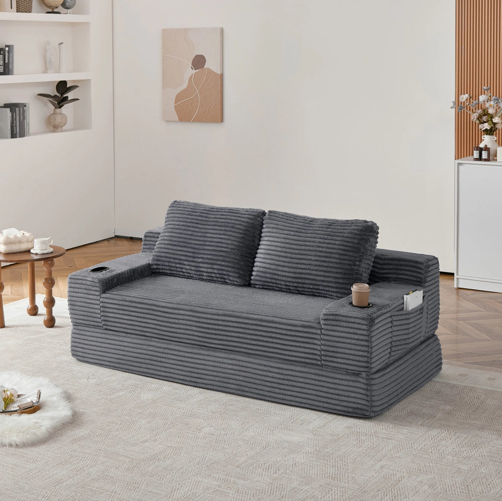 Divano Letto 2-in-1 in Velluto a Coste con Portabicchieri e Tasche Laterali