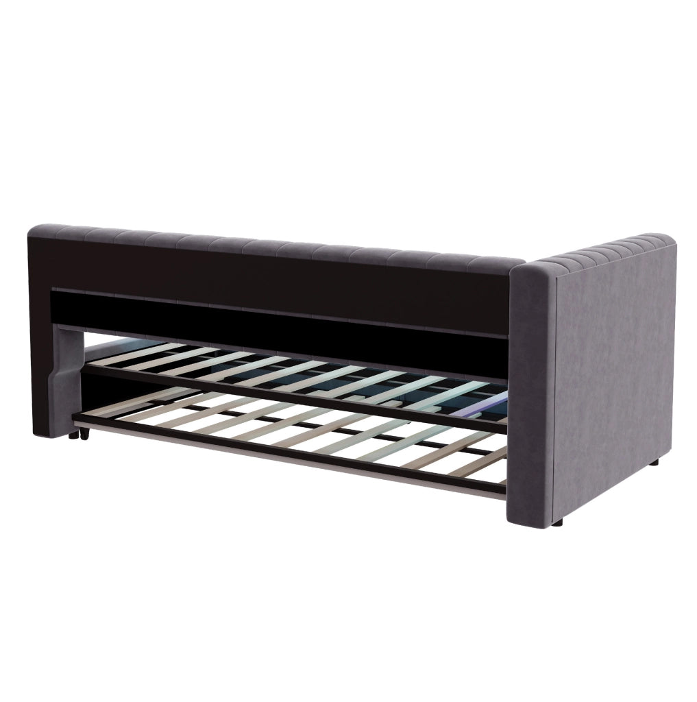 Divano letto convertibile 90x200 cm in velluto grigio scuro, LED e USB