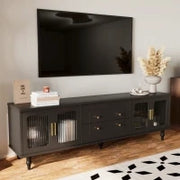 Mobile Porta TV in Stile Retro con Maniglie Dorate, Ampio Spazio di Stoccaggio, Porta in Vetro e Gambe in Legno Massello, 175x38x55,5 cm, Nero