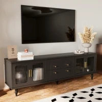Mobile Porta TV in Stile Retro con Maniglie Dorate, Ampio Spazio di Stoccaggio, Porta in Vetro e Gambe in Legno Massello, 175x38x55,5 cm, Nero