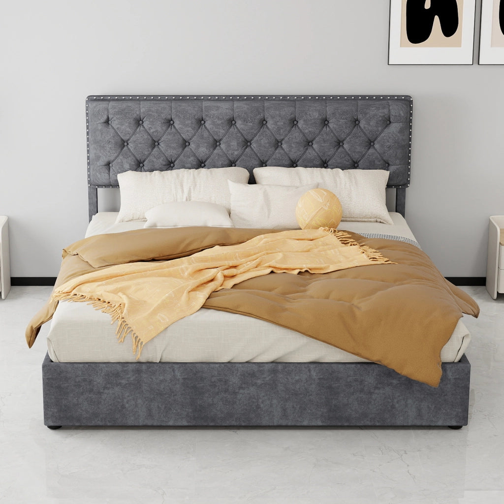Letto imbottito moderno con testiera morbida, 160x200 cm, grigio