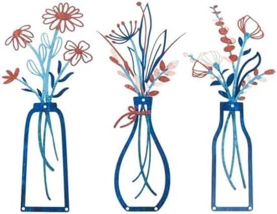 Decorazione metallica per parete a tema fiori e vasi da 3 pezzi