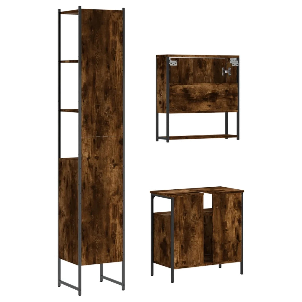 Set Mobili da Bagno | Armadio da bagno 3 pz Rovere Fumo in Legno Multistrato