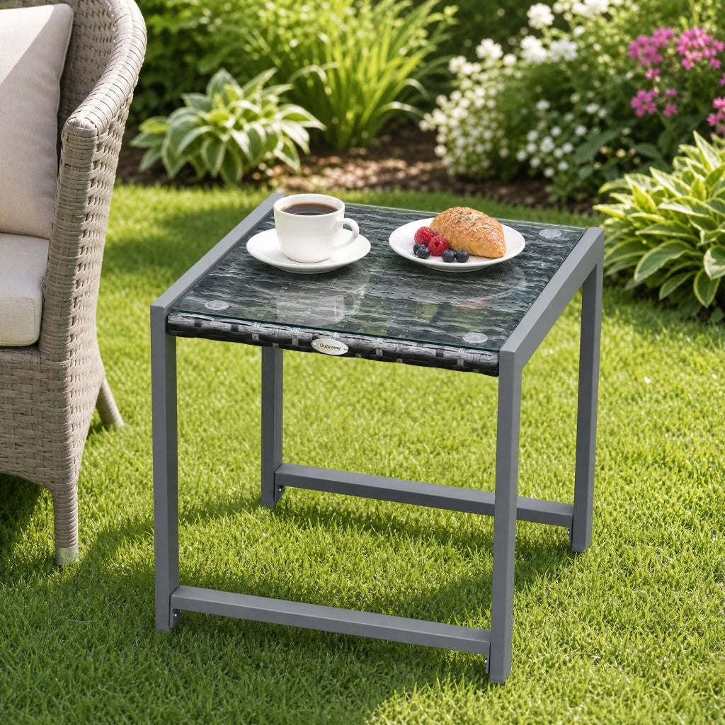 TAVOLINO DA GIARDINO Quadrato 50 x 49,5 x 50 cm Grigio Polyrattan e vetro temperato