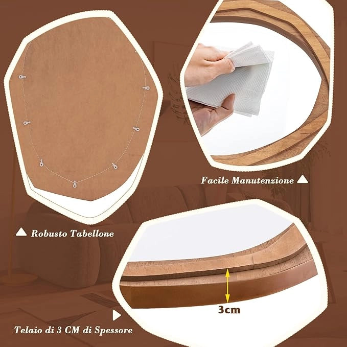 Specchio da Parete Irregolare 89,5 x 66 cm, Specchio Decorativo in HD con Cornice Rustica, Design Astratto, per Bagno Soggiorno Ingresso Sala da Pranzo (89,5 x 66 CM)