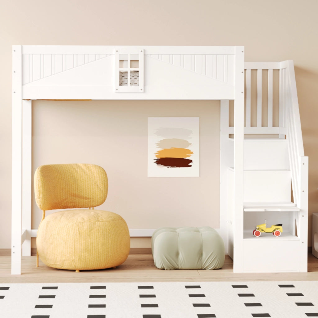 OKWISH Letto a soppalco 90×200 cm, Letto Singolo con Porta di Sicurezza, Scala con Contenitore e Mensole, senza Materasso, in Legno, Bianco