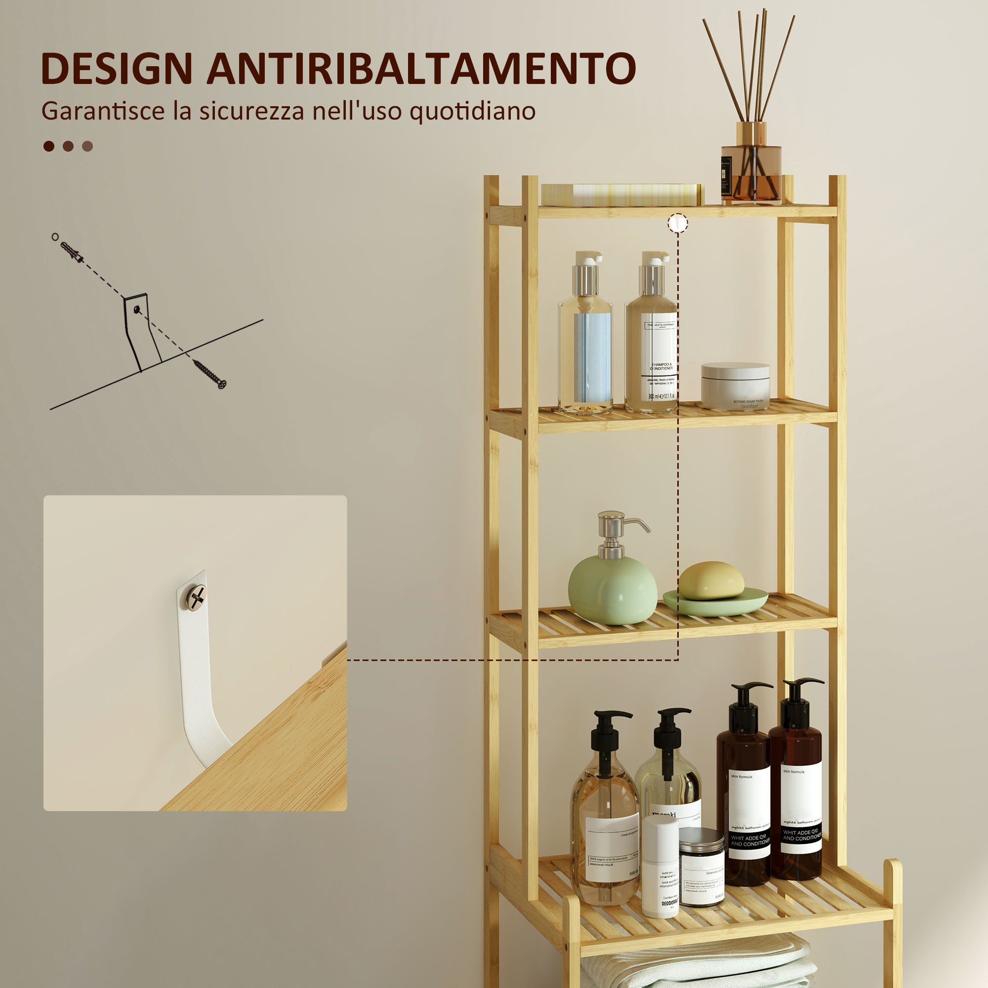 Scaffale Bagno 44x33x180 cm a 7 Ripiani Portaoggetti in Bambù