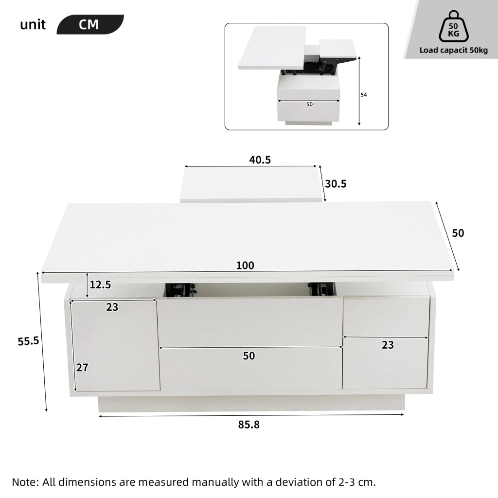 Tavolino alzabile con 2 ante e vano contenitore - per soggiorno - 100×50×43 cm - bianco