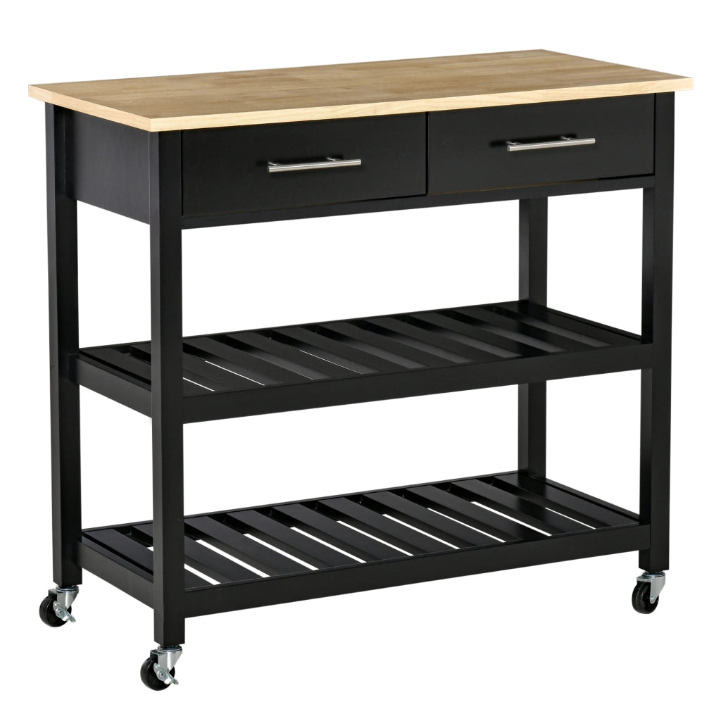 Carrello da cucina con ruote ¨C zephmum ¨C 2 ripiani, 2 cassetti, nero, legno naturale