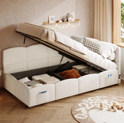 Letto contenitore 90x200 cm in bouclé beige con USB, rete e tasche laterali