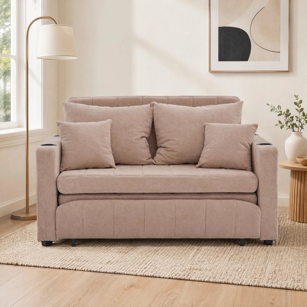 Divano letto convertibile in chenille khaki con tasca laterale e 4 cuscini per piccoli spazi