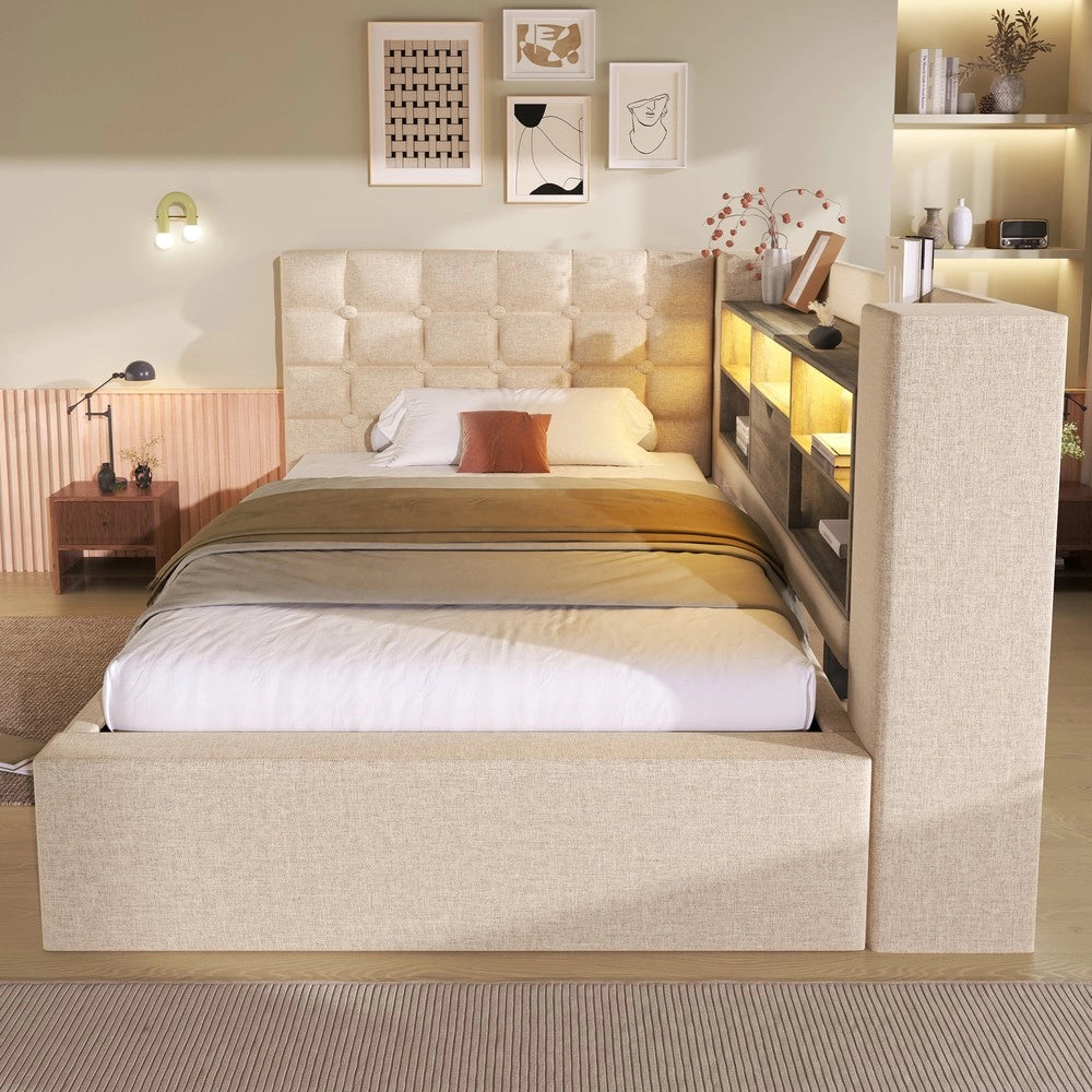Letto Imbottito Singolo con LED, Contenitore Idraulico e Testiera ¨C MINIMAL ¨C 90x200, Tessuto Beige