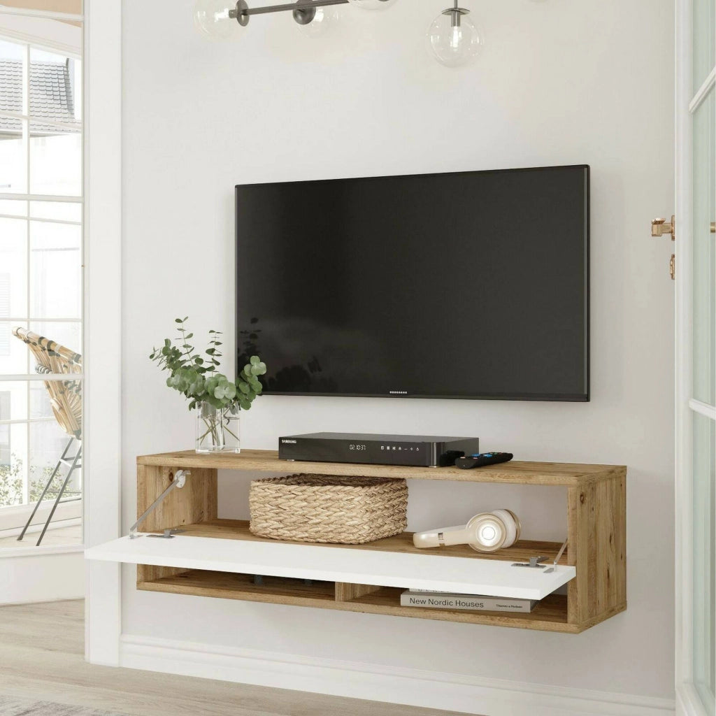 Mobile porta TV Iva, Credenza da soggiorno, Armadio basso per TV, Base parete attrezzata, 100x32h29 cm, Quercia e Bianco