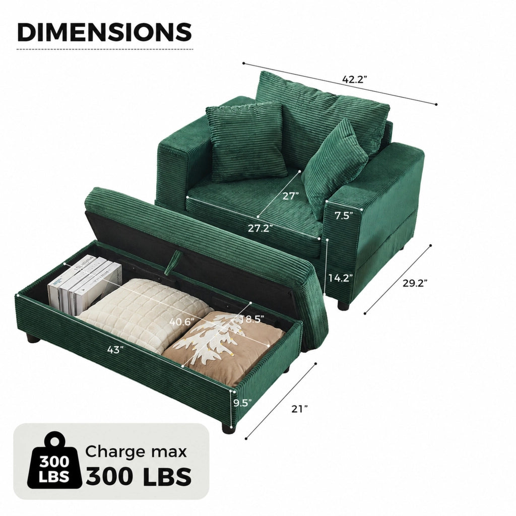 Divano chaise longue con poggiapiedi e vano contenitore, 3 cuscini, per soggiorno e camera, verde smeraldo