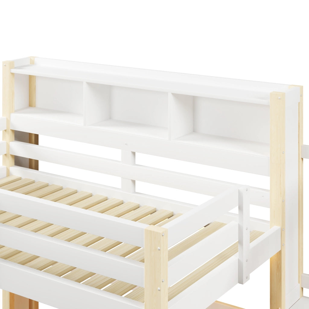 Letto a soppalco 90x200 cm con LED, scala contenitiva e vani aperti