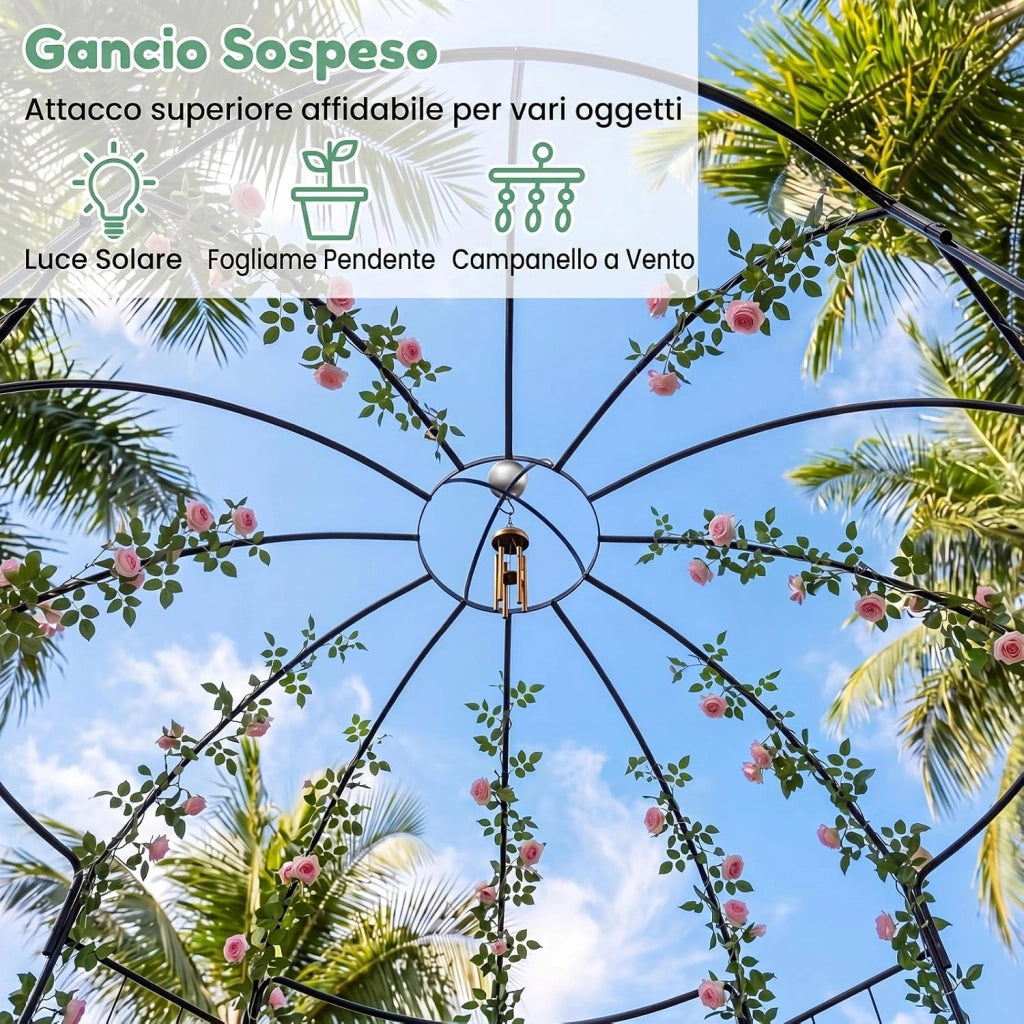 Pergolato da Giardino a Forma di Gabbia, Traliccio ad Arco in Metallo per Piante Rampicanti con Gancio e Picchetti, Gazebo da Giardino Decorativo con 4 Lati per Matrimoni, 203 x 203 x 296 cm