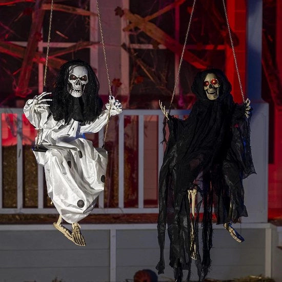 Decorazione di Halloween - Sfere luminose pendenti con occhi illuminati - 90 cm scheletri oscillanti - Decorazione esterna - Fantasmi bianco-neri in volo - Giardino terrazza prato