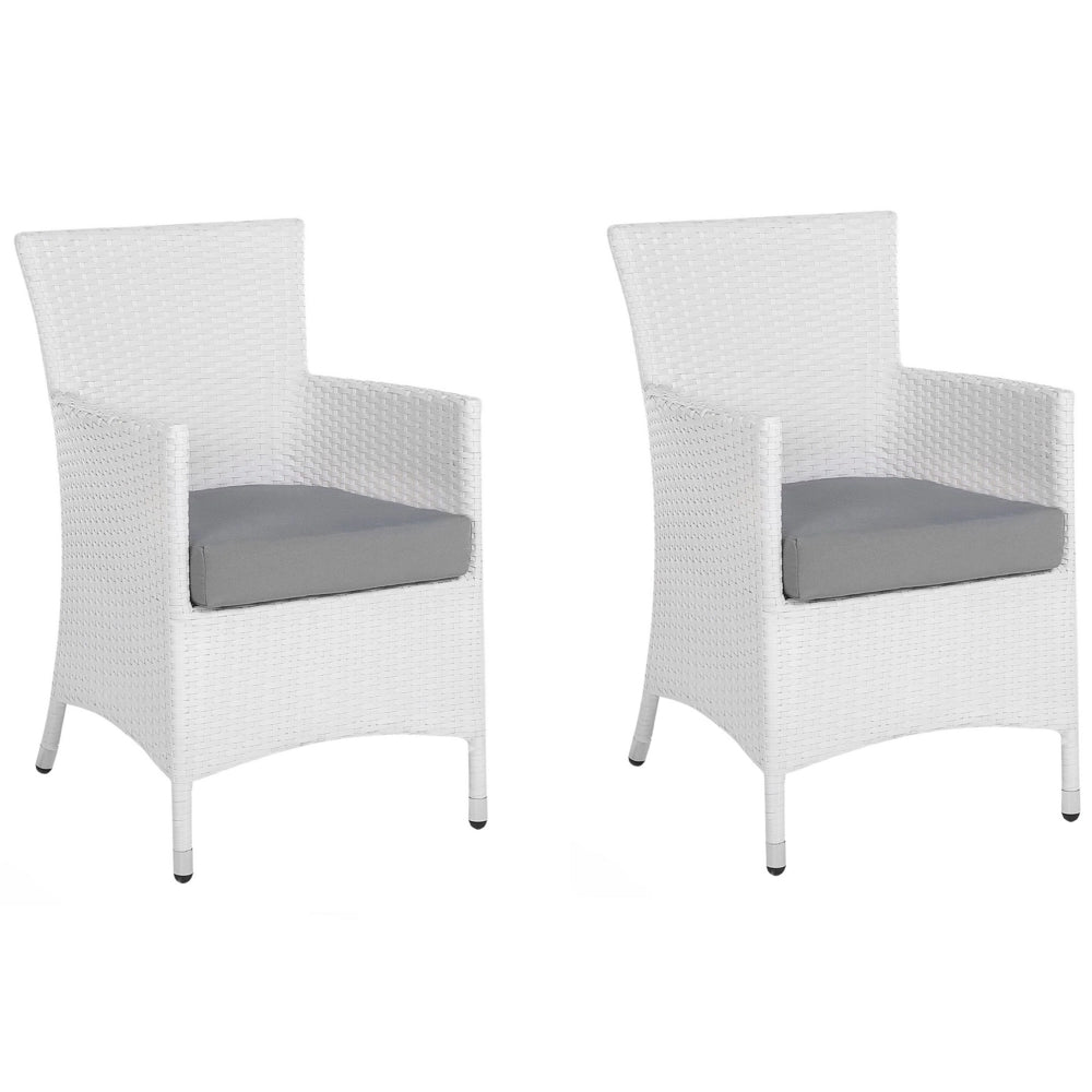 Set di 2 sedie da pranzo da giardino bianche con cuscino in finto rattan grigio. per esterni
