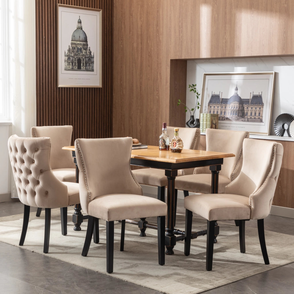 Sedie da Pranzo Imbottite in Velluto ¨C Xylo ¨C Beige, Gambe in Legno Massello, Set 6 Pezzi