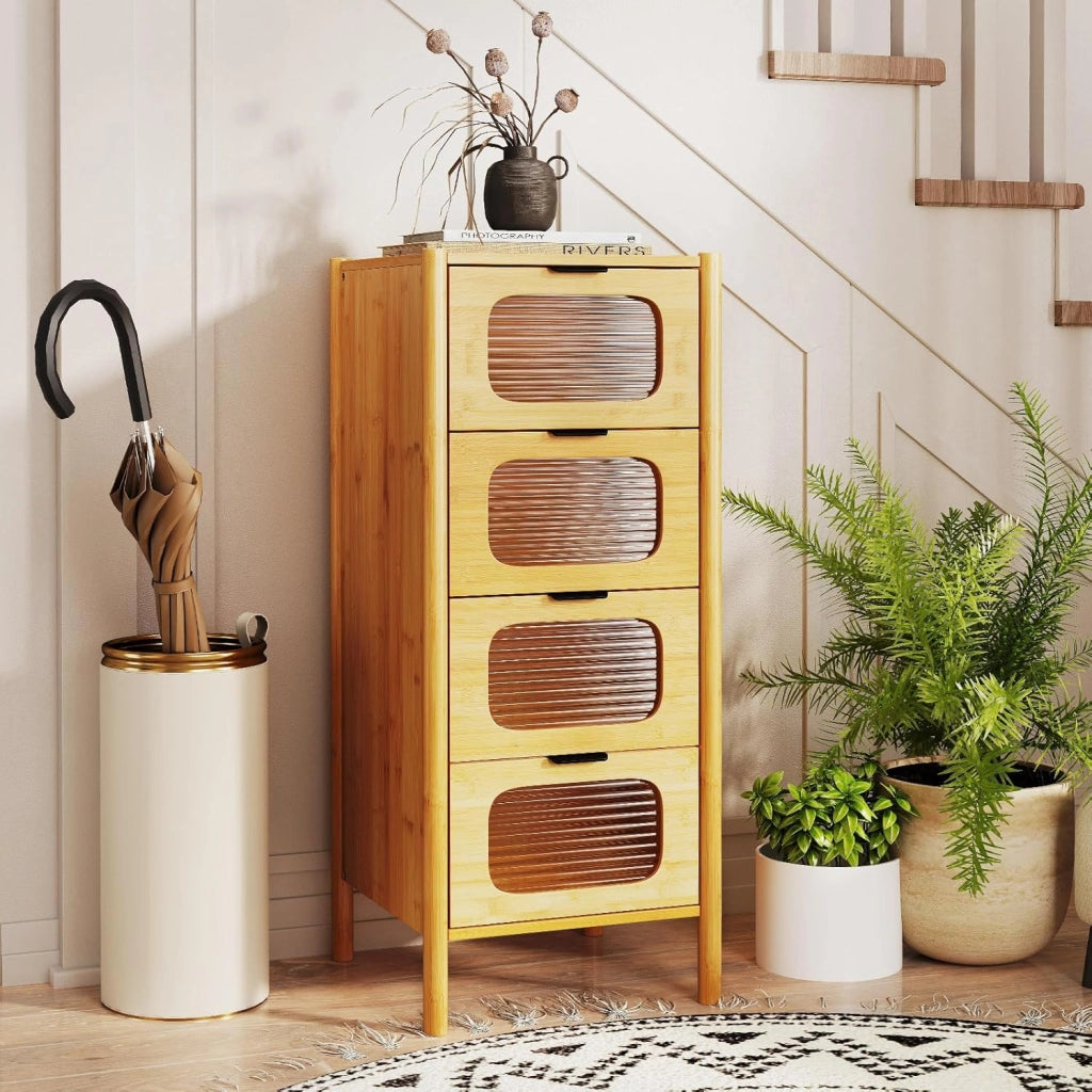 Cassettiera a 4 Cassetti 97 CM con Cassetti in Vetro Temperato Design Antiribaltamento Comodino a 4 Livelli Autoportante per Camera, Soggiorno, Ingresso, Naturale
