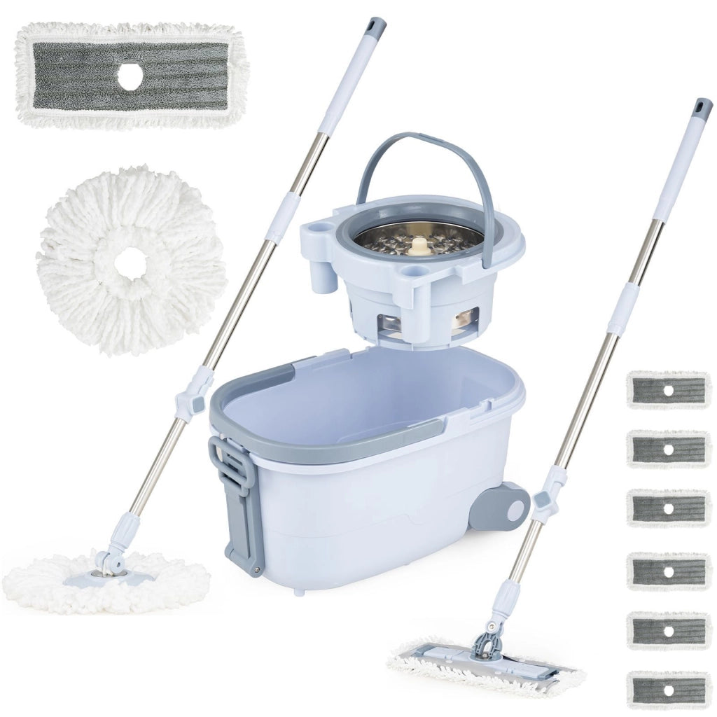 Set mocio e secchio con lavaggio senza mani e design a doppio serbatoio, Set mocio e secchio con 7 pezzi di panni rettangolari Blu