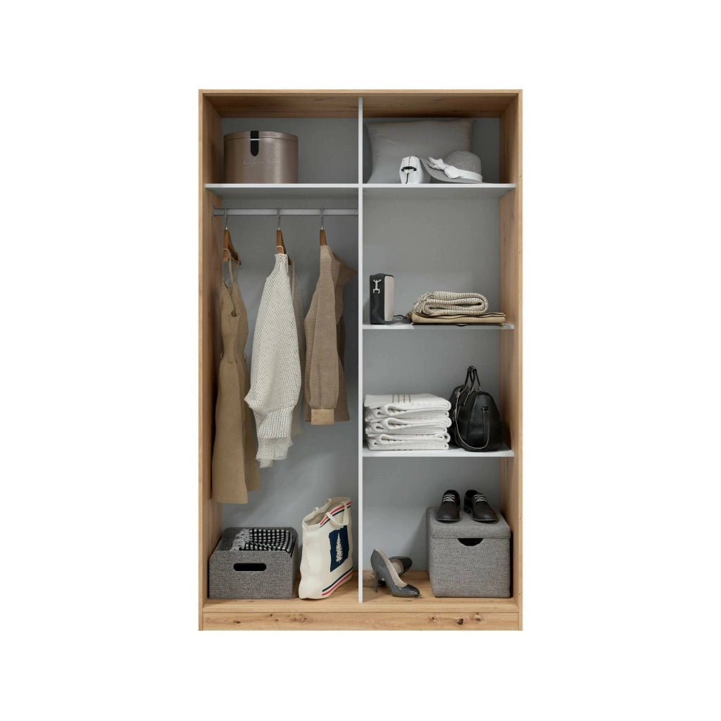 Guardaroba Adrenalin, Armadio per camera da letto a 2 ante scorrevoli, Mobile con 4 ripiani e barra appendiabiti, 120x50h200 cm, Rovere Nodi