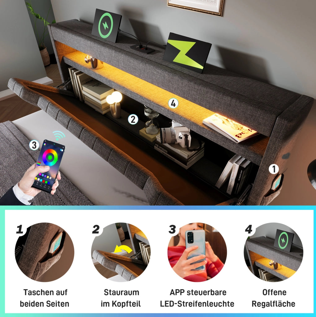 Letto matrimoniale 180x200 cm con LED, USB e vano contenitore