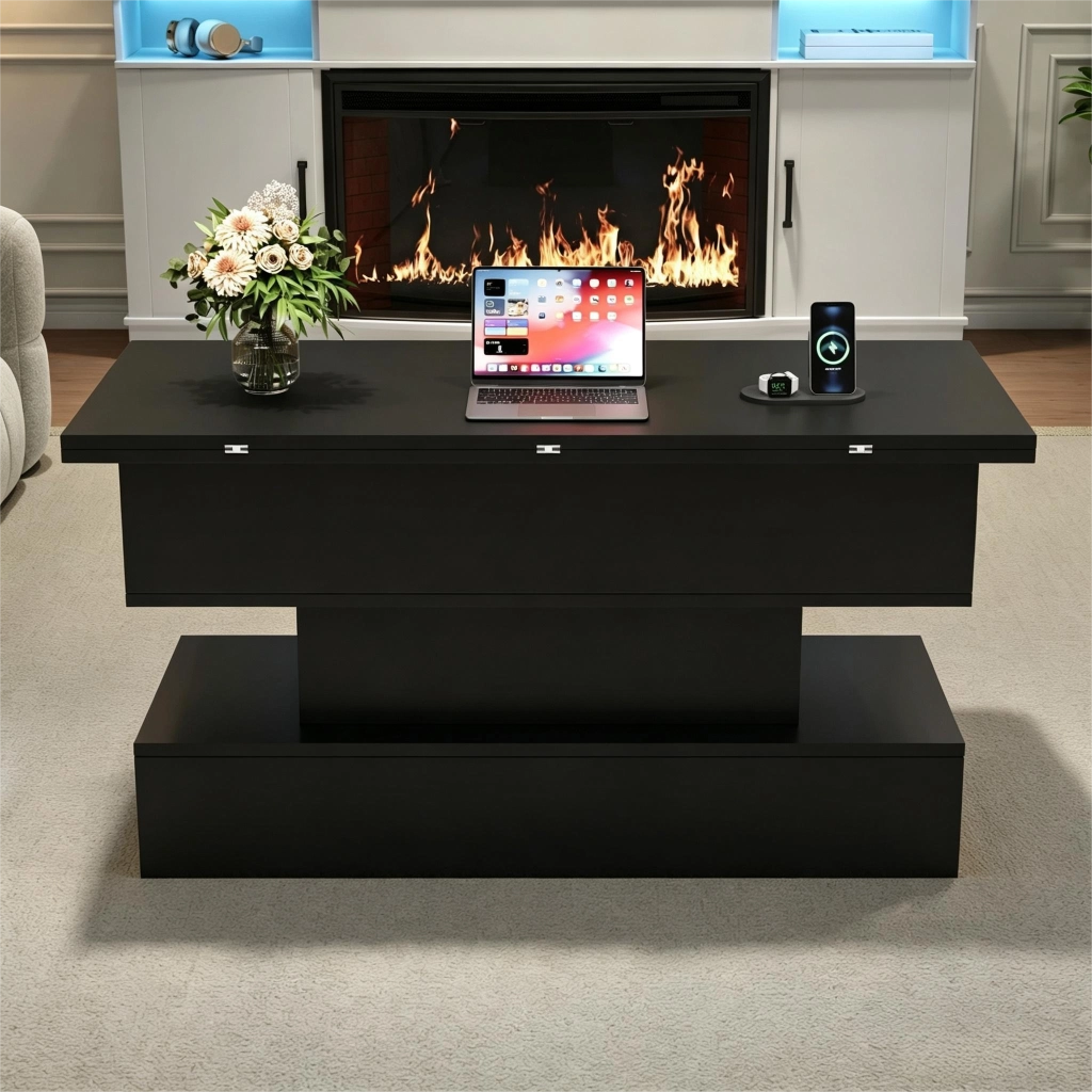 Tavolino da caffè alzabile con LED e presa laterale - per soggiorno - 100×50×51.5 cm - nero