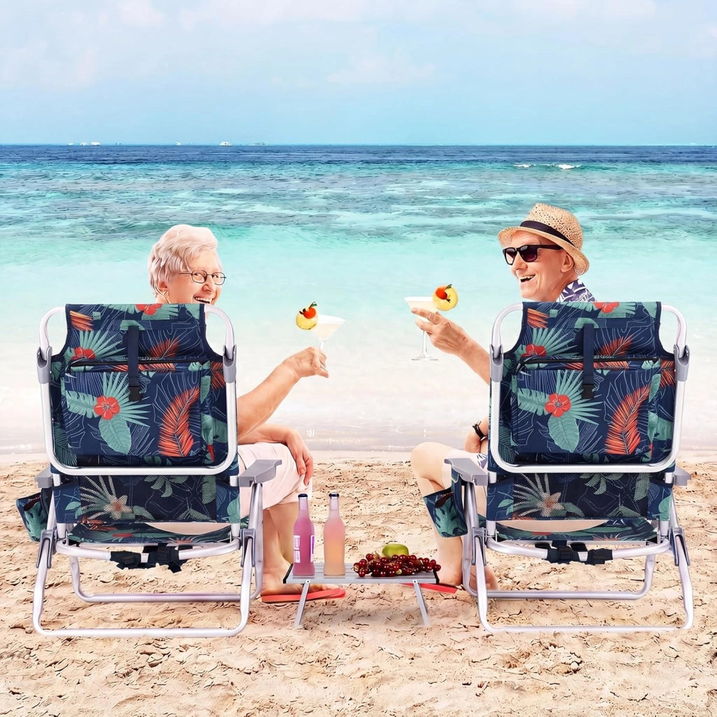 Set di 2 Sedie e Tavolino da Spiaggia Pieghevole, Schienale Regolabile a 5 Livelli, con Portatesta, Borsa Portaoggetti, Borsa Termica, per Campeggio Picnic Esterno (Fogliame, Modello 2)