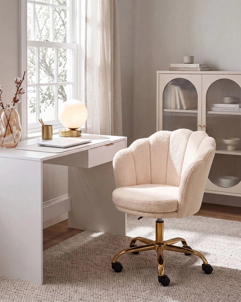 Sedia da Ufficio Girevole Beige Chiaro in Bouclé con Base a Stella Regolabile in Altezza