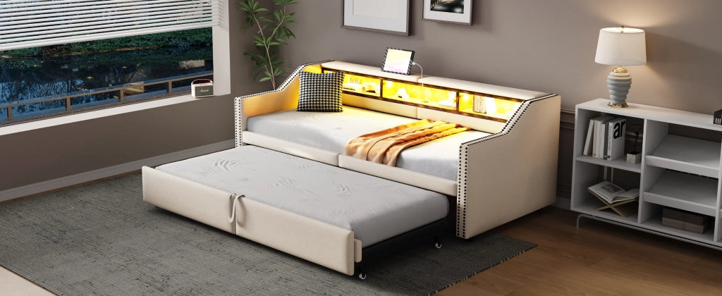 LETTO Divano estraibile 90/180x200 cm in tessuto beige con USB e LED