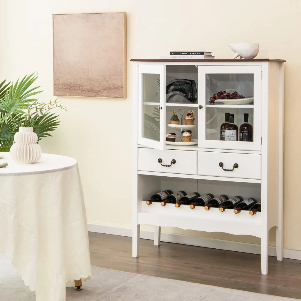 Credenza Soggiorno per Vino 8 Bottiglie, Credenza Cucina con 2 Ante in Vetro e 2 Cassetti, Mobile Ingresso, 90 x 40 x 126,5 cm, Bianco