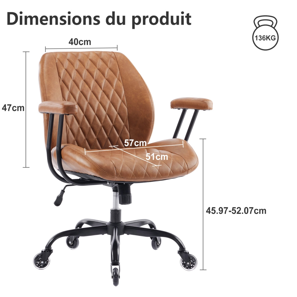 Sedia da ufficio ergonomica girevole in pelle marrone con ruote e braccioli opzionali