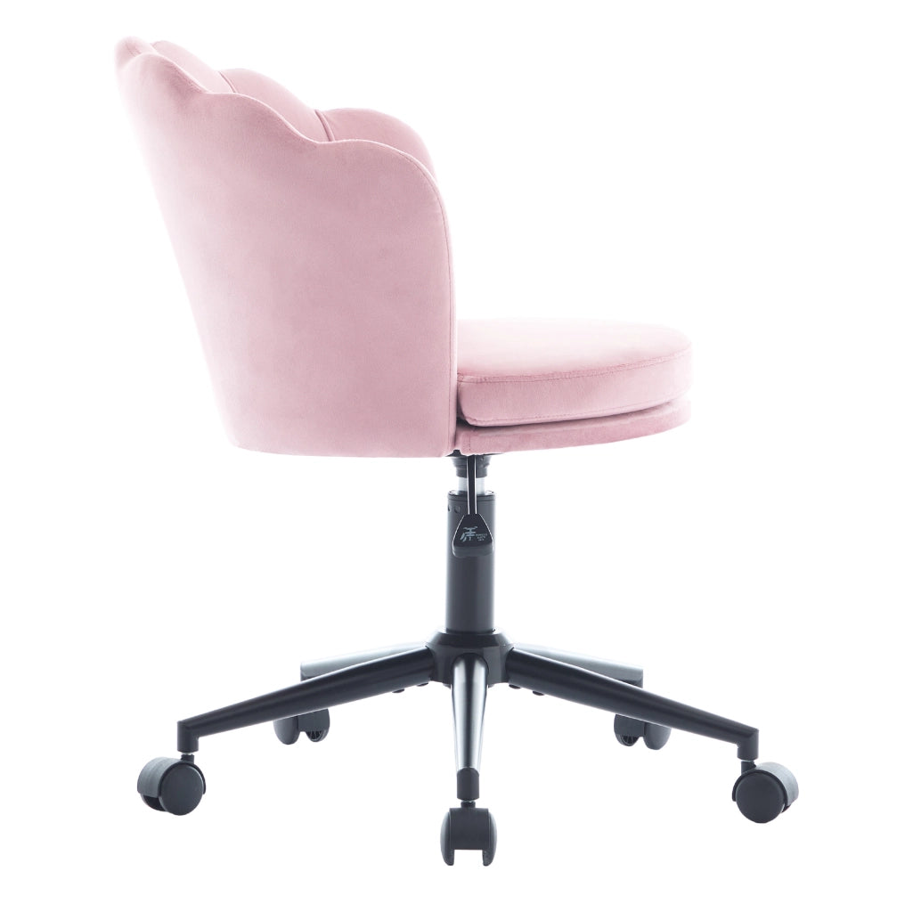 Sedia girevole regolabile in velluto rosa con schienale a petalo e cuscino lombare; 55x62x73-83 cm