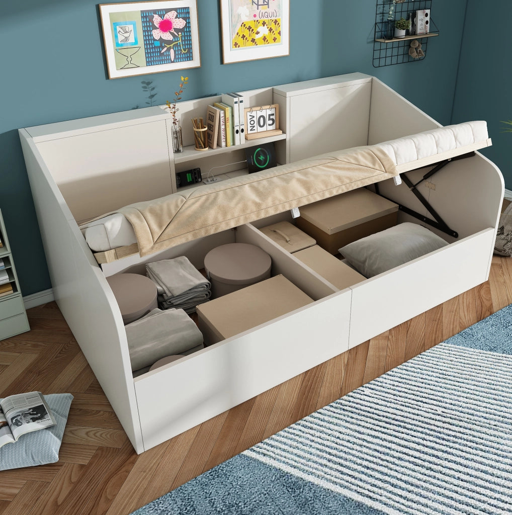 Divano letto contenitore idraulico bianco con USB e vano portaoggetti