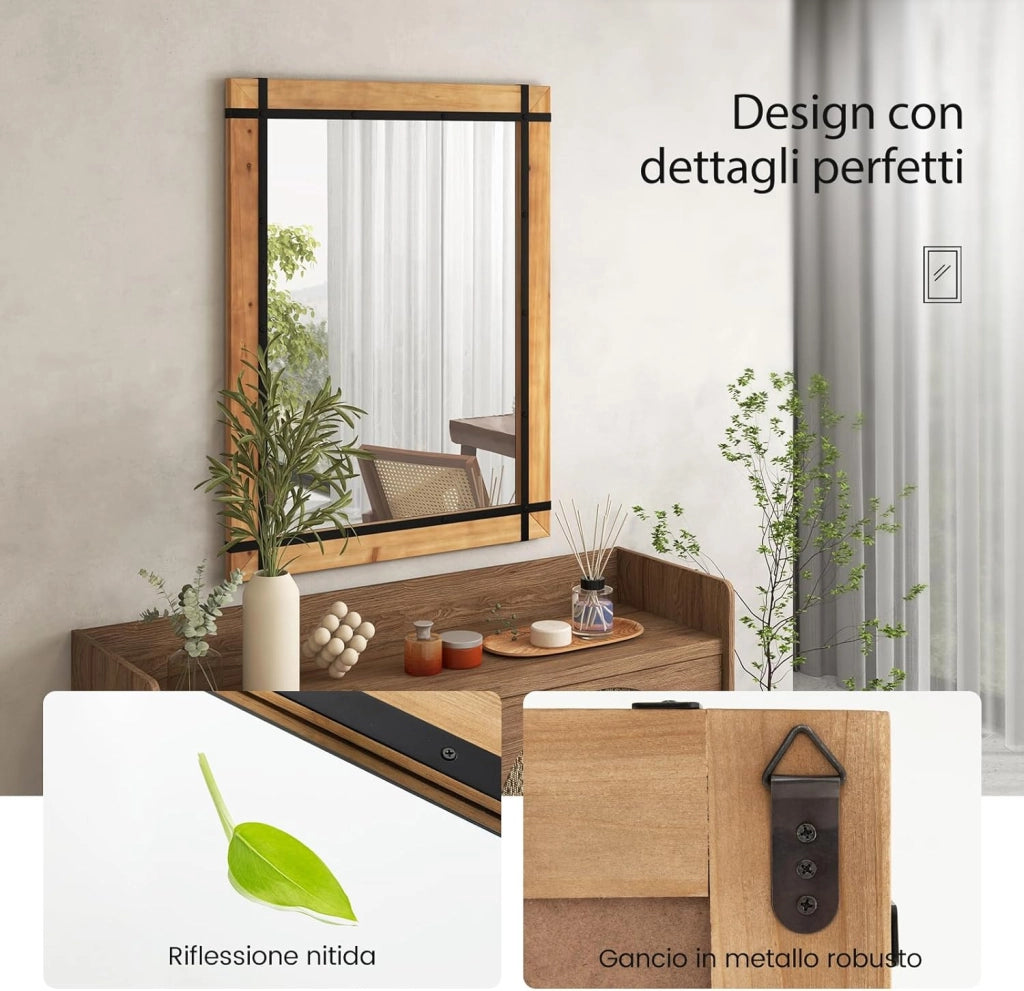 Specchio da Parete 77 x 100 CM, Specchio Rettangolare con Cornice in Legno di Abete, Specchio da Parete per Bagno Ingresso e Camera da Letto