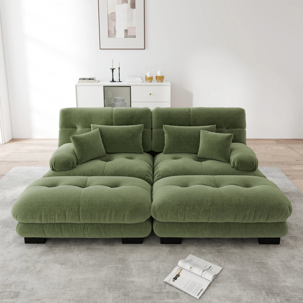 Divano angolare modulare in ciniglia con cuscini lombari e pouf per soggiorno verde 220 × 145 × 81 cm