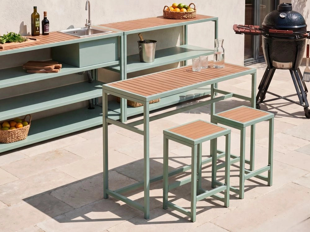 Set da giardino 3 elementi per interni ed esterni, tavolo e 2 sgabelli, acciaio, legno plastico verde chiaro design moderno