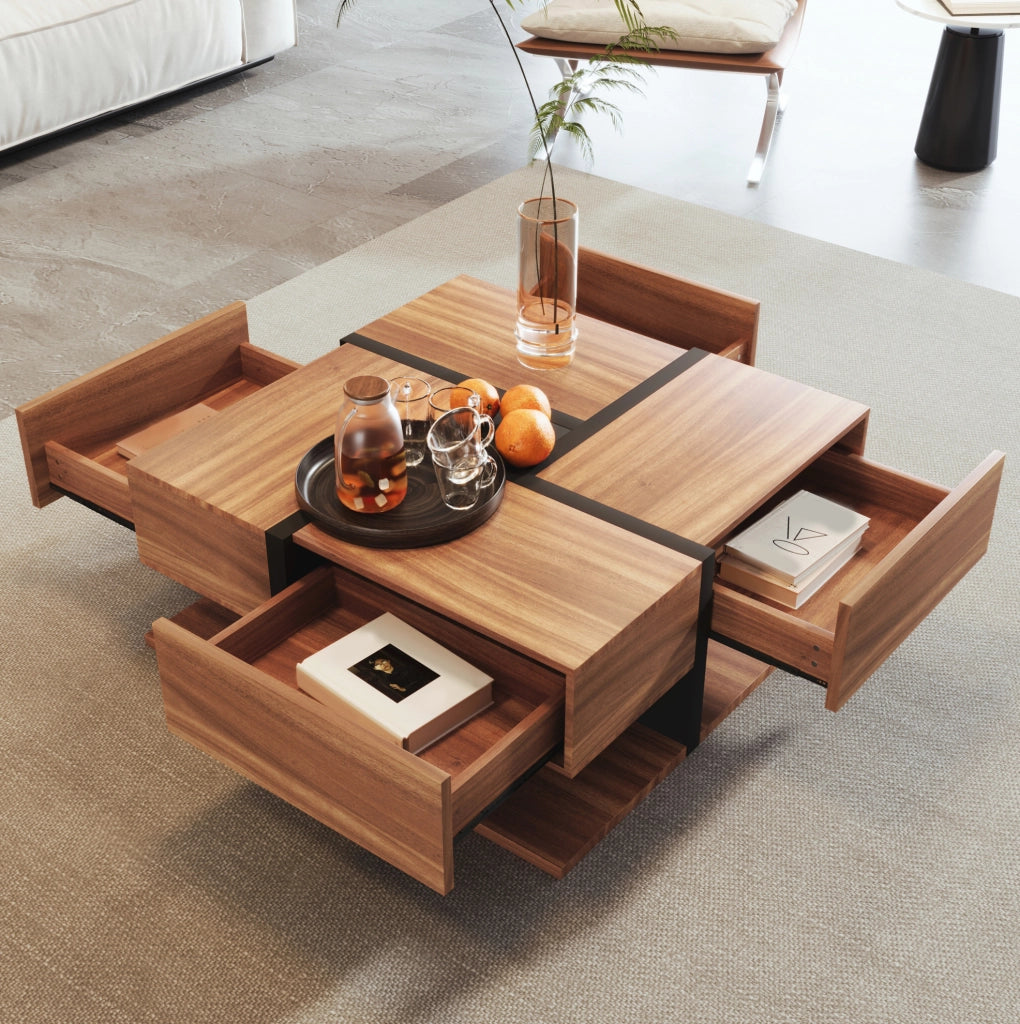 Tavolino da caffè quadrato con 4 cassetti e ripiano inferiore; 78x78x36 cm in truciolare