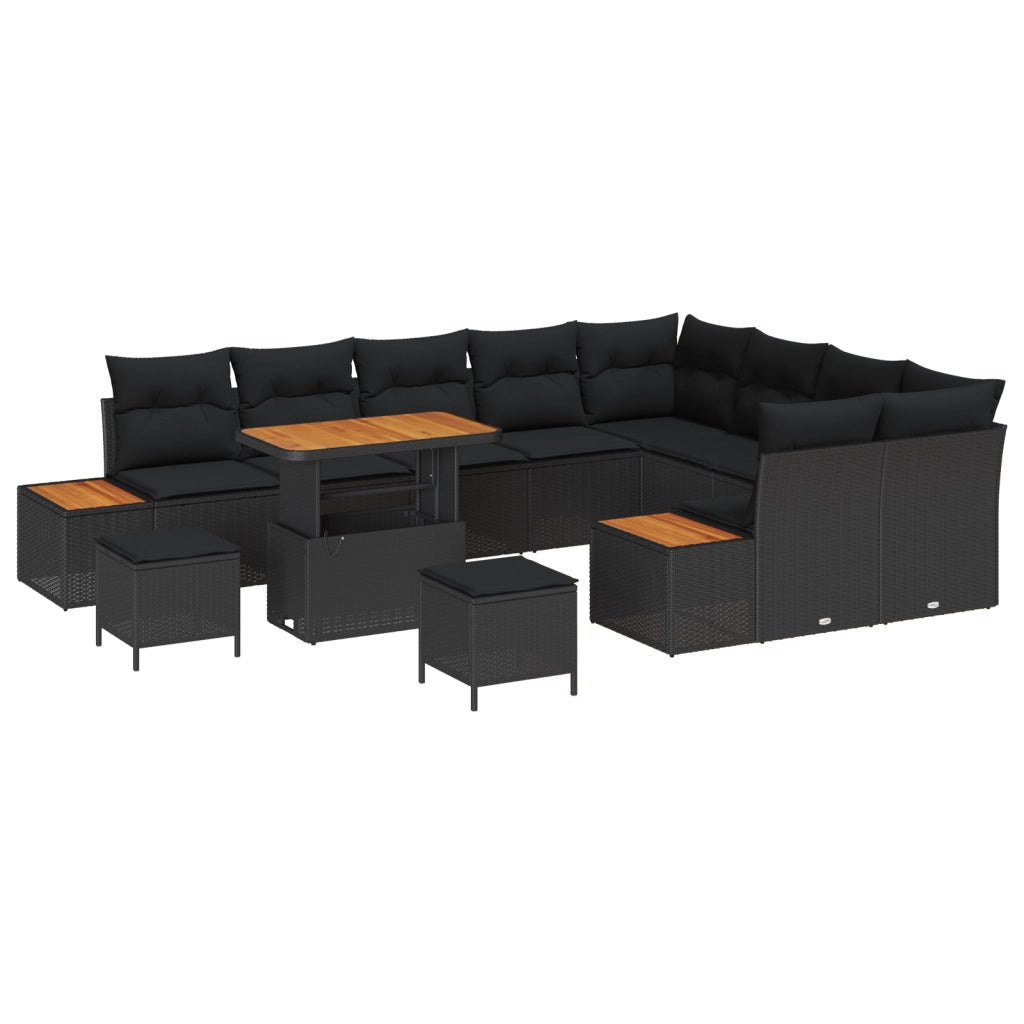 Set Divano da Giardino  12 Pezzi con Cuscini Nero Polyrattan Acacia