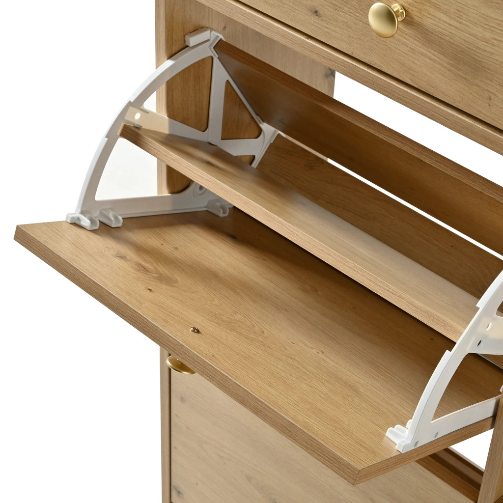 Mobile Scarpiera con 4 Ante a Ribalta; 2 Cassetti e 3 Vani Aperti; Stile Minimalista; in Pannello Truciolare; 110×26×100 cm; Naturale